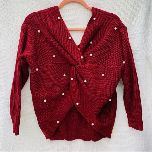 Pearl Detail Burgundy Knit Sweater Sz M - Picture 1 of 6